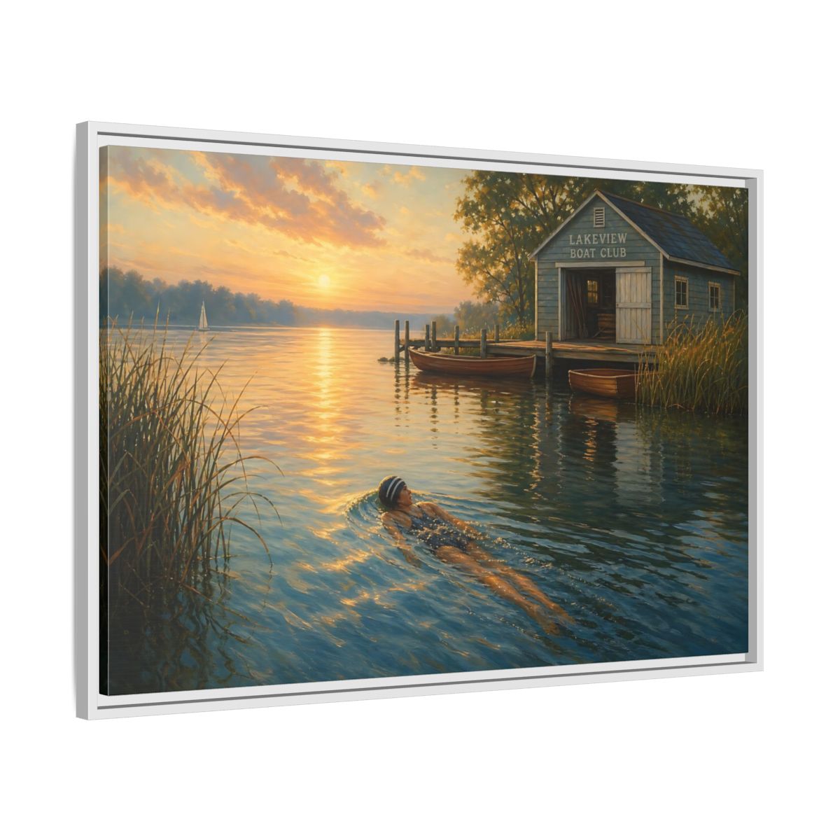 Side Mockup 9. Nature Lake Sunset Golden Lake Scene shown as framed canvas print