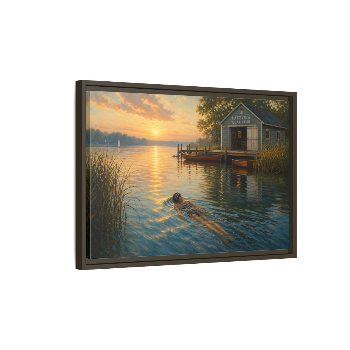 Side Mockup 2. Nature Lake Sunset Golden Lake Scene shown as framed canvas print