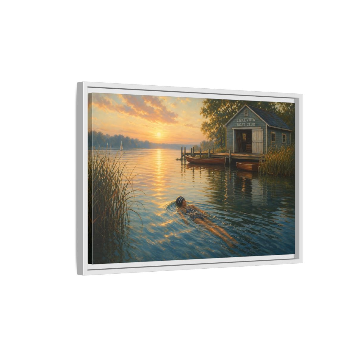 Side Mockup 1. Nature Lake Sunset Golden Lake Scene shown as framed canvas print
