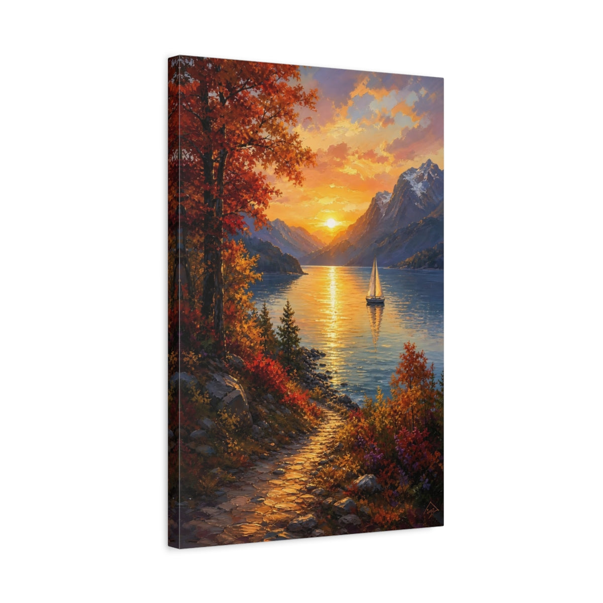 Side Mockup 3. Nature Lake Sunset Orange Lake Sunset shown as stretched canvas wall art