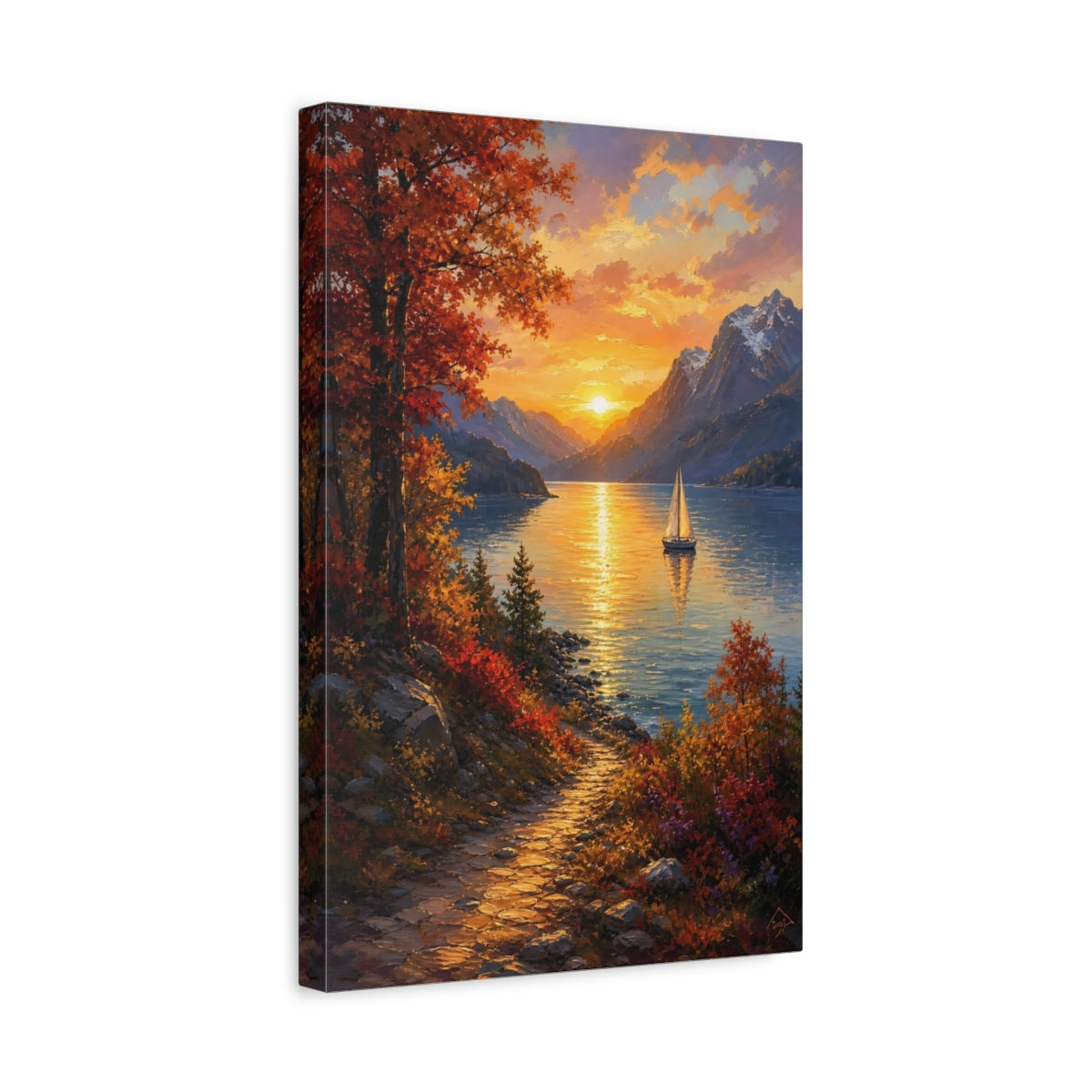 Side Mockup 4. Nature Lake Sunset Orange Lake Sunset shown as stretched canvas wall art