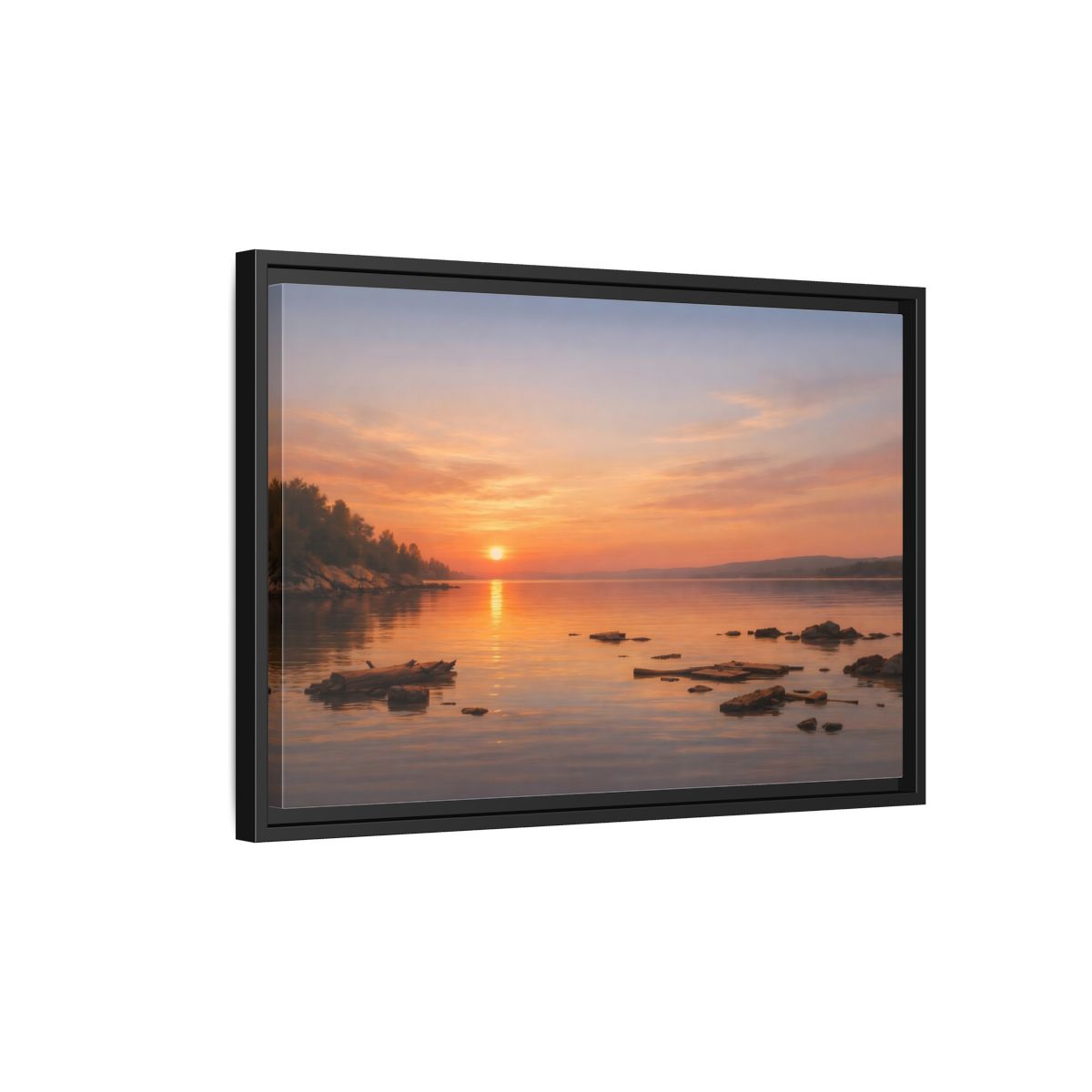 Side Mockup 3. Nature Lake Sunset Orange Sunset Lake shown as stretched canvas wall art