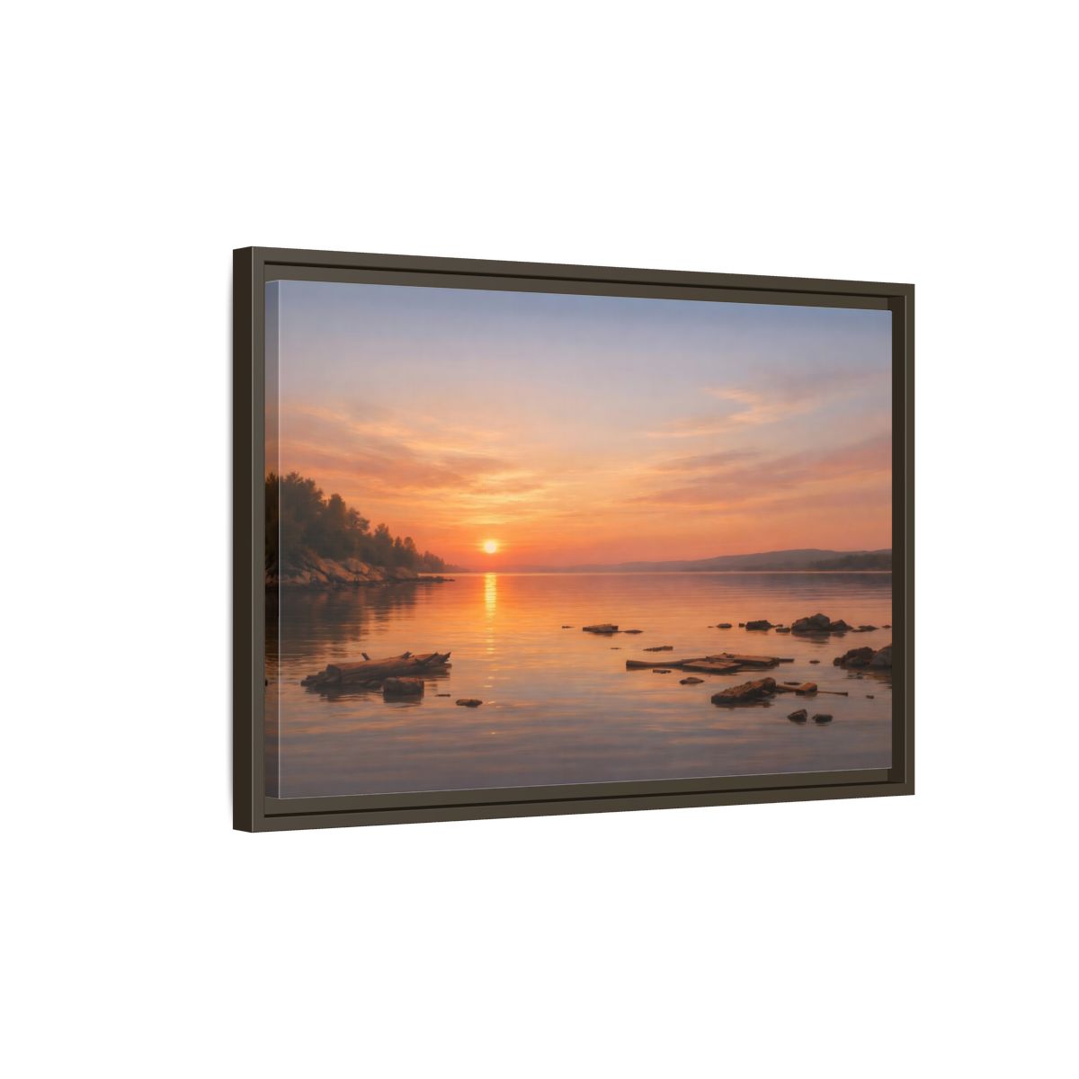 Side Mockup 2. Nature Lake Sunset Orange Sunset Lake shown as stretched canvas wall art
