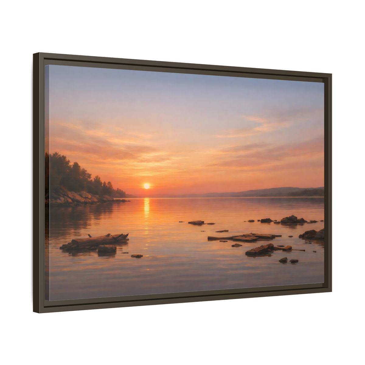 Side Mockup 11. Nature Lake Sunset Orange Sunset Lake shown as stretched canvas wall art