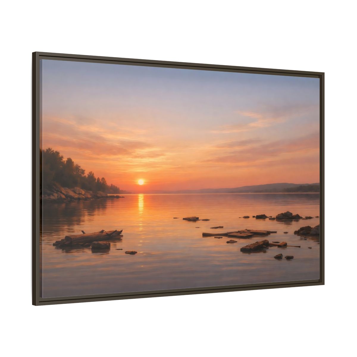 Side Mockup 8. Nature Lake Sunset Orange Sunset Lake shown as stretched canvas wall art