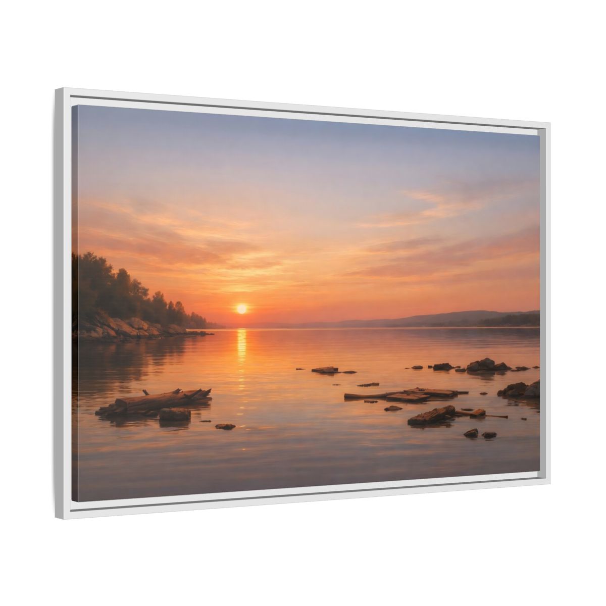 Side Mockup 9. Nature Lake Sunset Orange Sunset Lake shown as stretched canvas wall art
