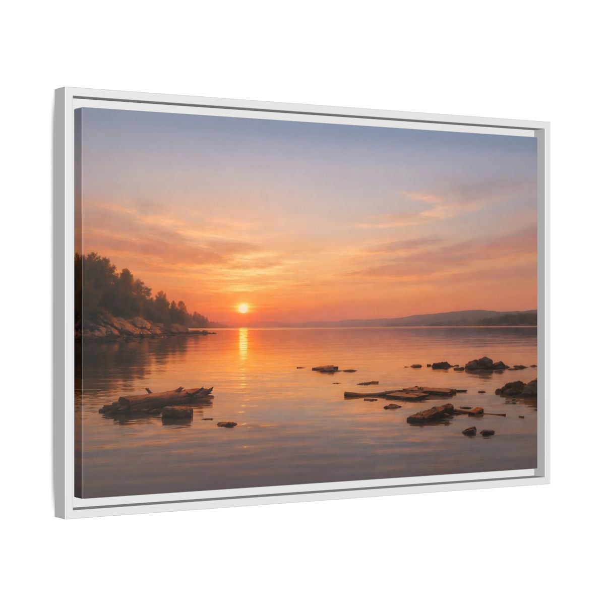 Side Mockup 10. Nature Lake Sunset Orange Sunset Lake shown as stretched canvas wall art