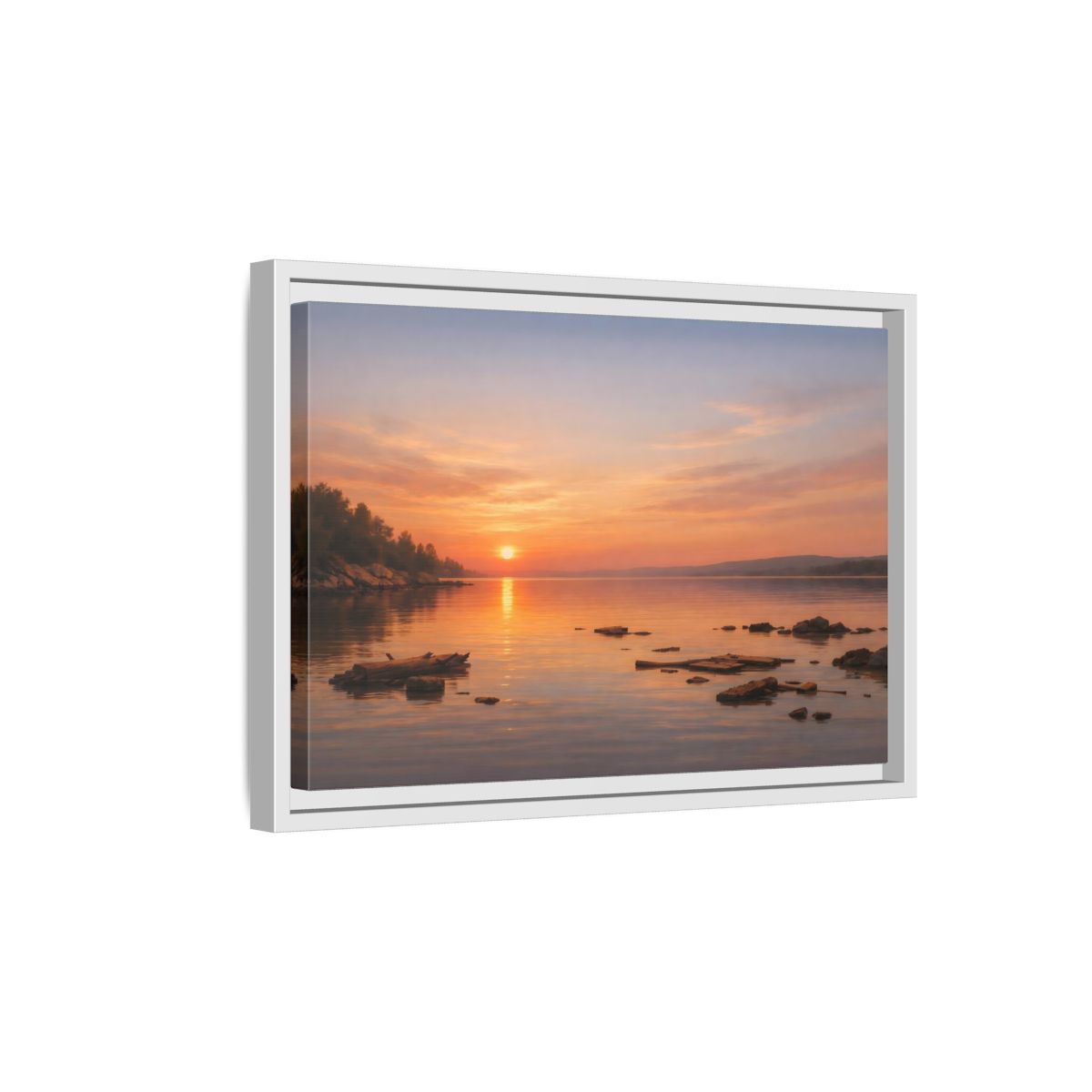 Side Mockup 4. Nature Lake Sunset Orange Sunset Lake shown as stretched canvas wall art