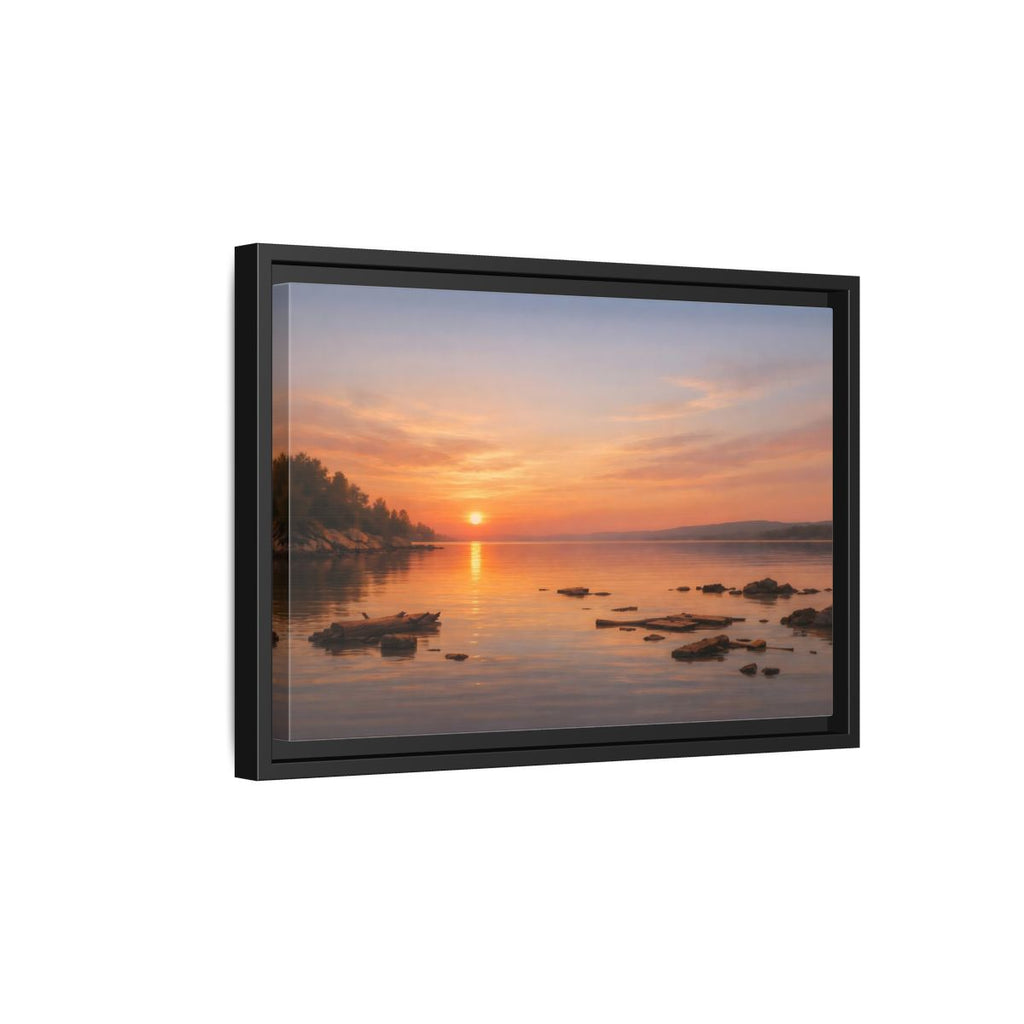Side Mockup 6. Nature Lake Sunset Orange Sunset Lake shown as stretched canvas wall art