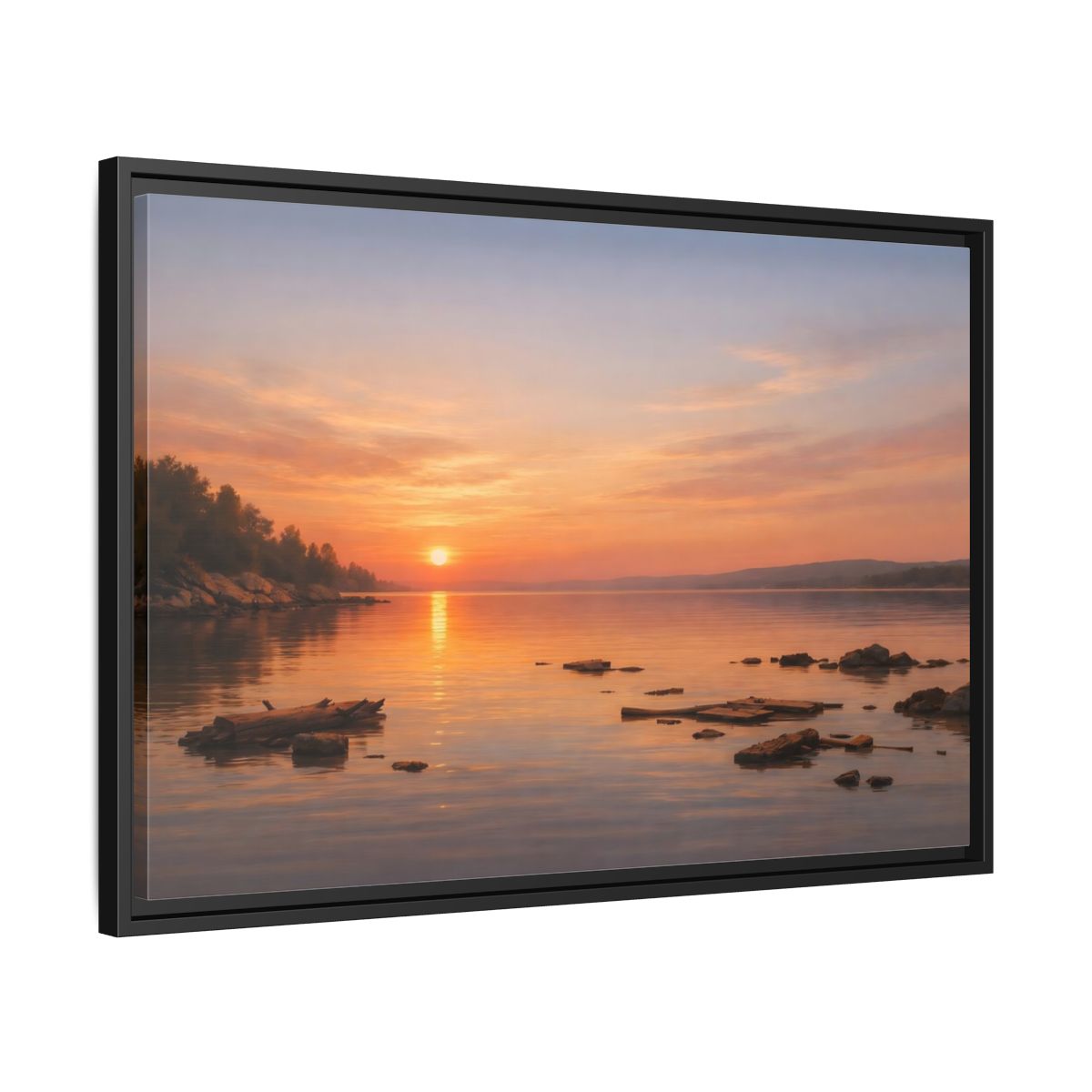 Side Mockup 14. Nature Lake Sunset Orange Sunset Lake shown as stretched canvas wall art