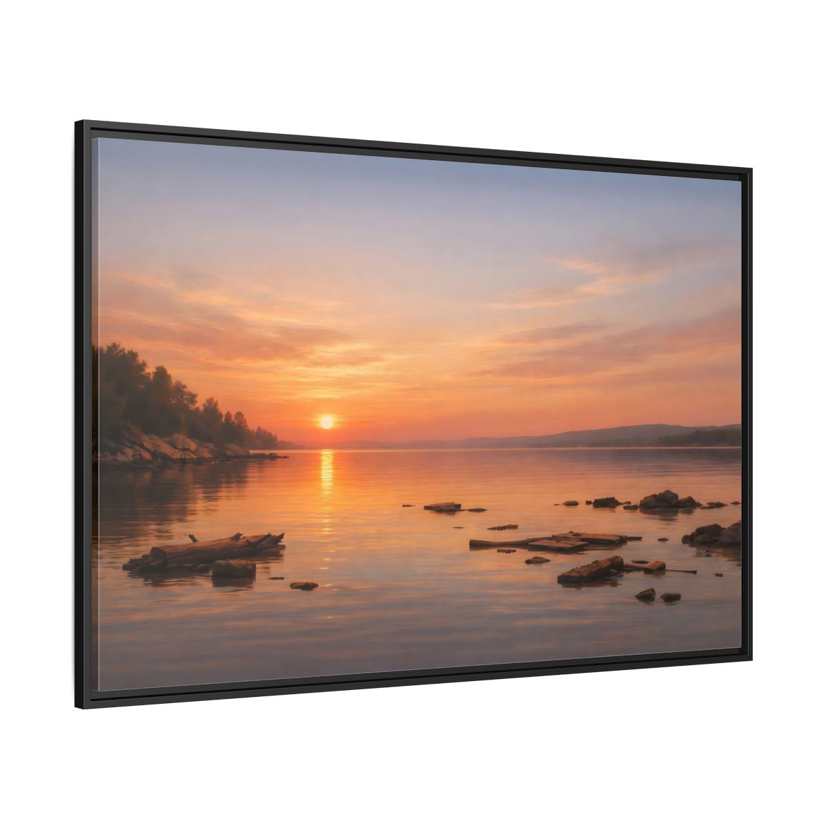 Side Mockup 12. Nature Lake Sunset Orange Sunset Lake shown as stretched canvas wall art