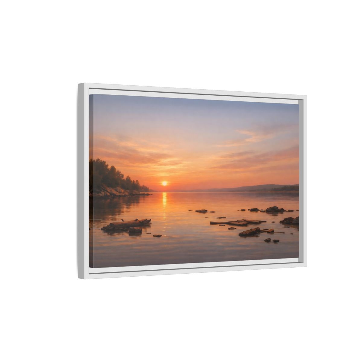 Side Mockup 1. Nature Lake Sunset Orange Sunset Lake shown as stretched canvas wall art
