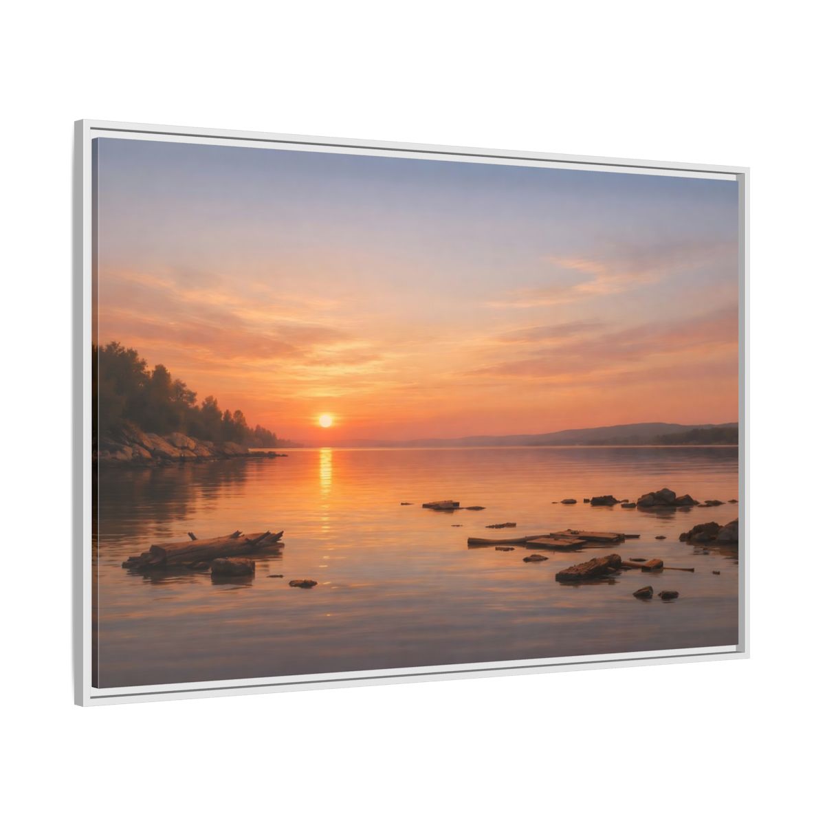 Side Mockup 7. Nature Lake Sunset Orange Sunset Lake shown as stretched canvas wall art