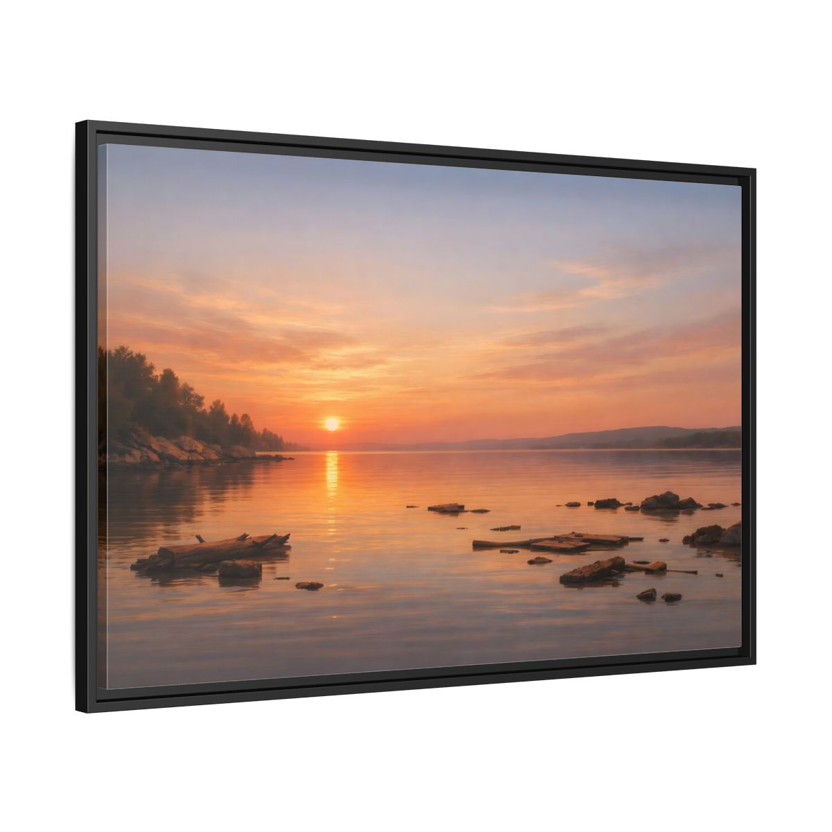 Side Mockup 13. Nature Lake Sunset Orange Sunset Lake shown as stretched canvas wall art