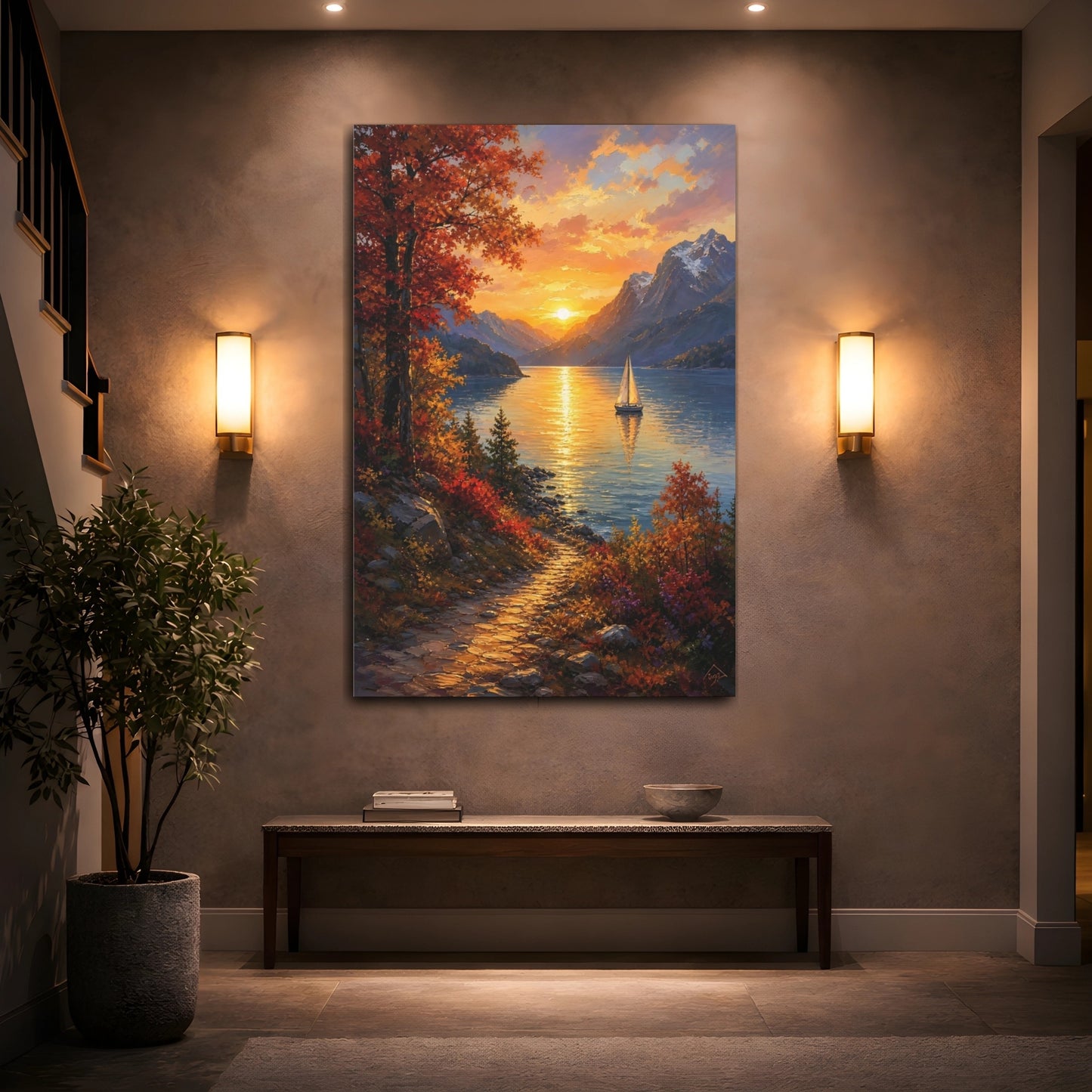 Mockup 2. Nature Lake Sunset Orange Lake Sunset shown as stretched canvas wall art