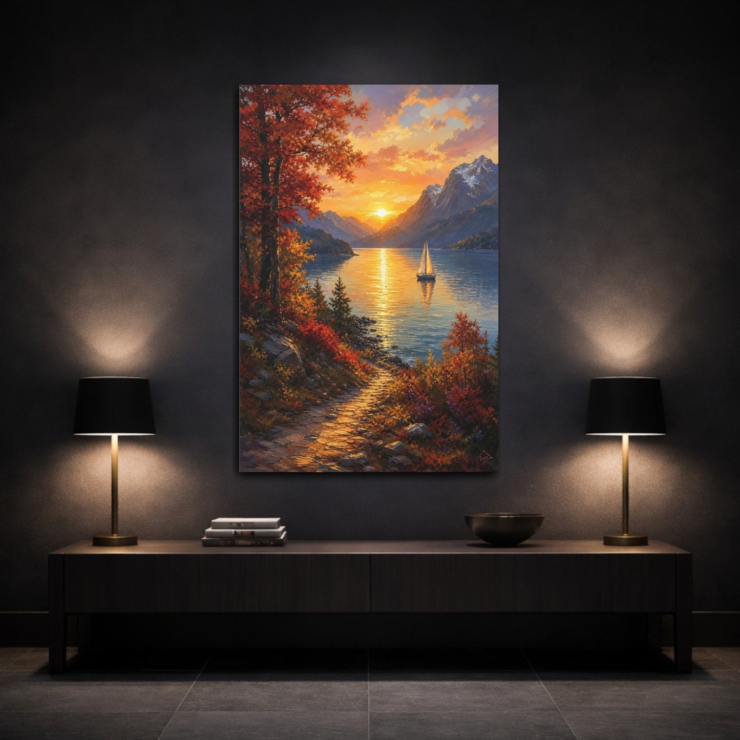 Mockup 3. Nature Lake Sunset Orange Lake Sunset shown as stretched canvas wall art