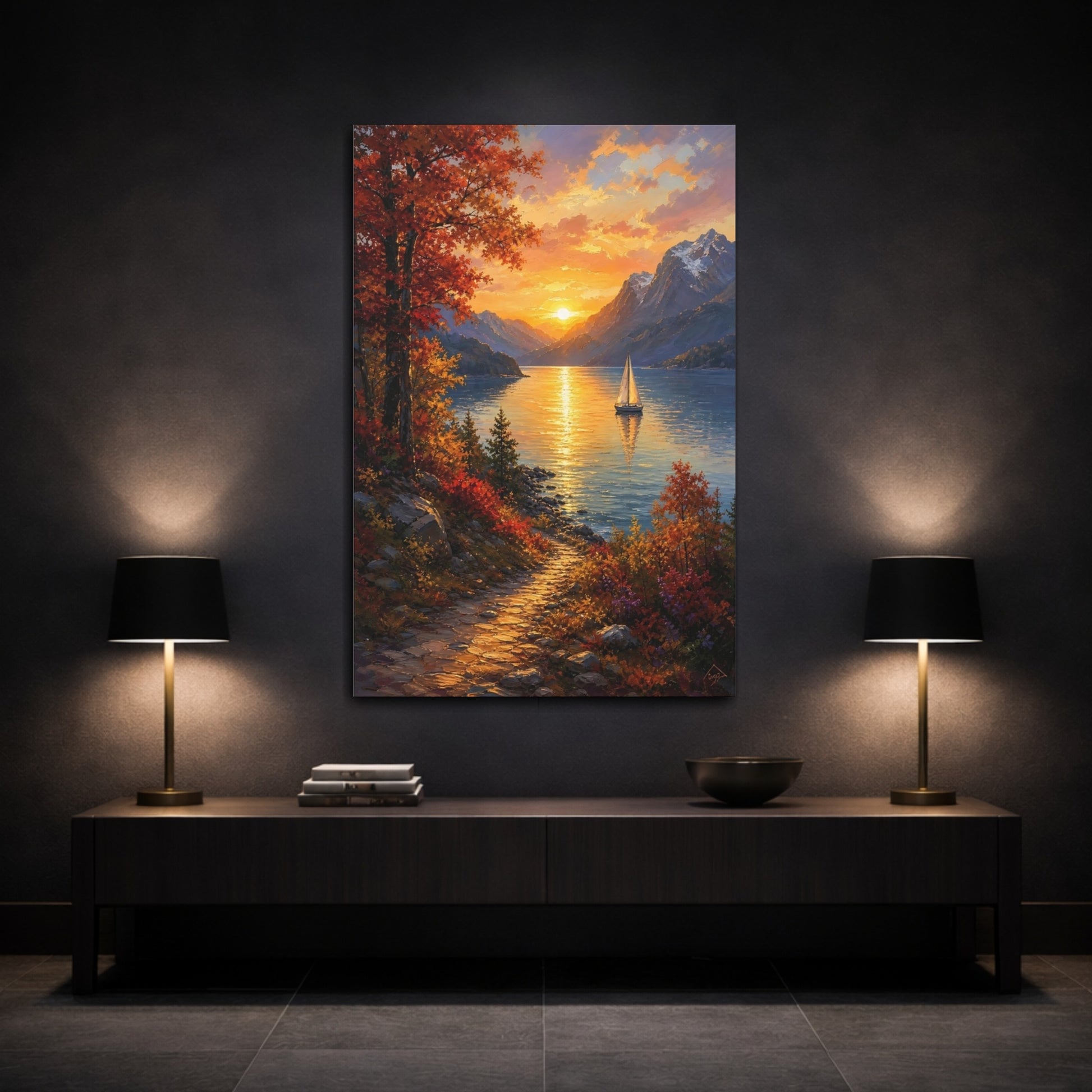 Mockup 3. Nature Lake Sunset Orange Lake Sunset shown as stretched canvas wall art