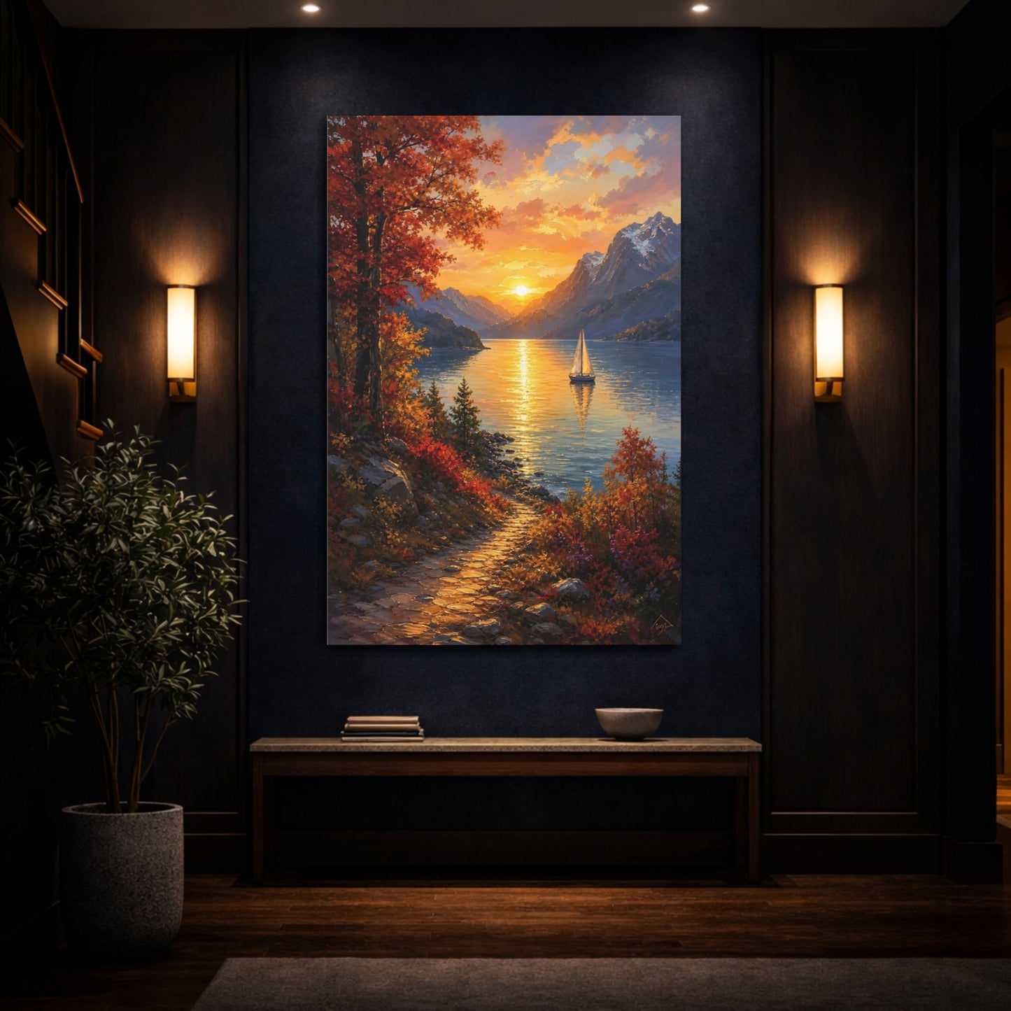 Mockup 4. Nature Lake Sunset Orange Lake Sunset shown as stretched canvas wall art