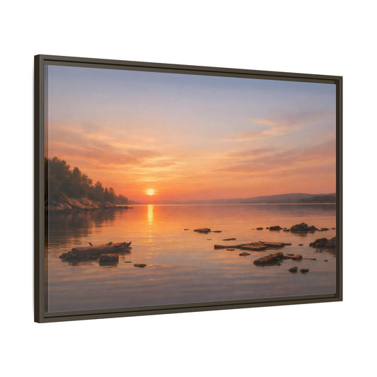 Main Mockup. Nature Lake Sunset Orange Sunset Lake shown as stretched canvas wall art