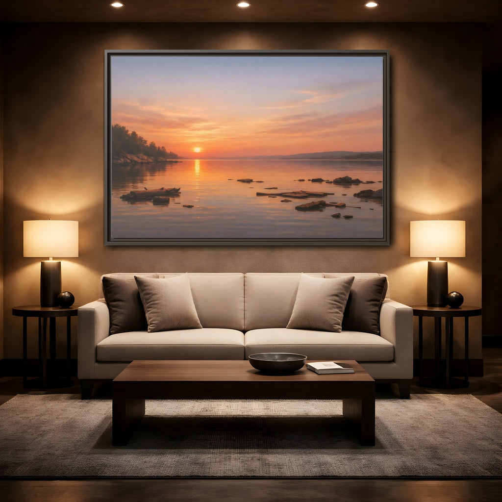 Mockup 2. Nature Lake Sunset Orange Sunset Lake shown as stretched canvas wall art