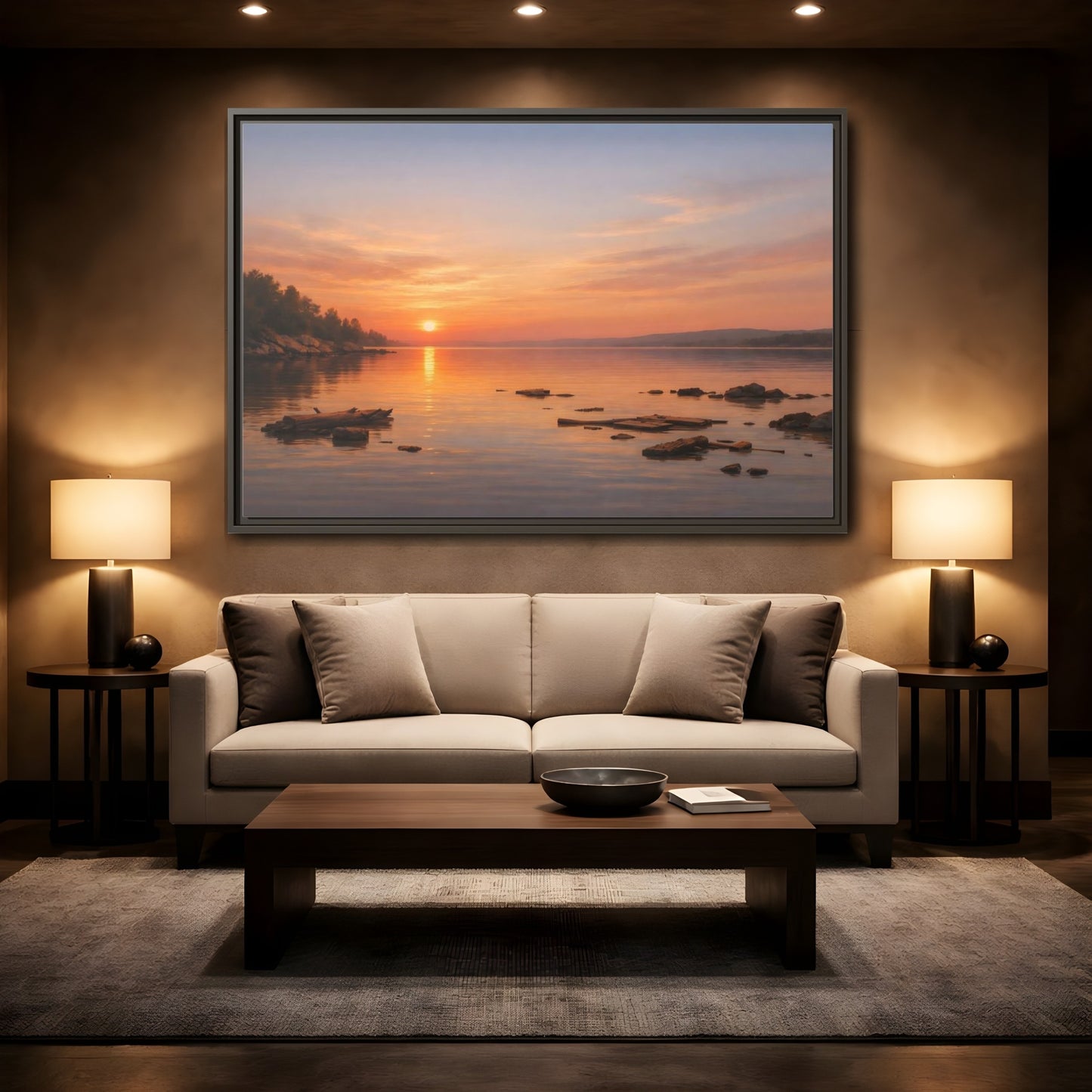 Mockup 2. Nature Lake Sunset Orange Sunset Lake shown as stretched canvas wall art
