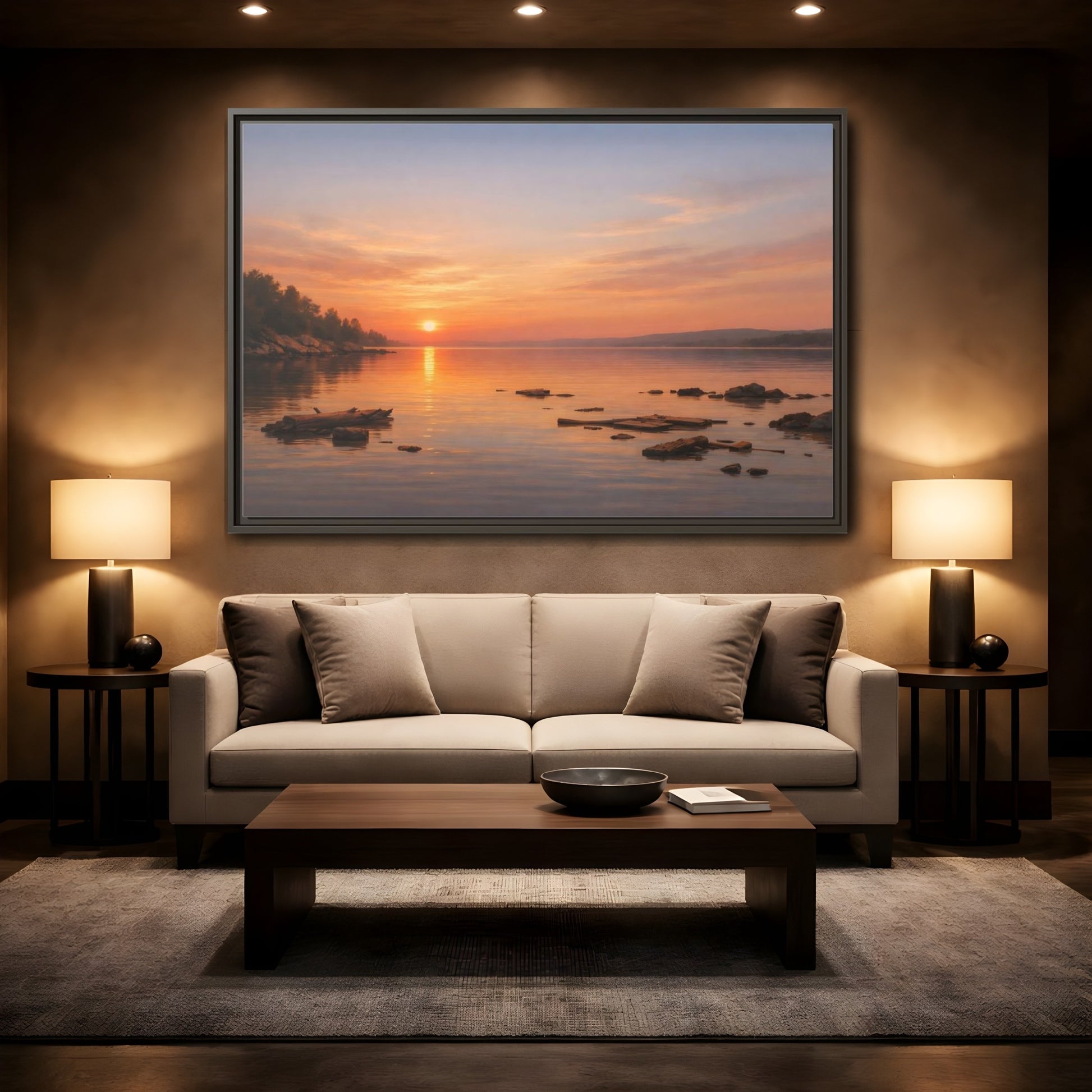 Mockup 2. Nature Lake Sunset Orange Sunset Lake shown as stretched canvas wall art