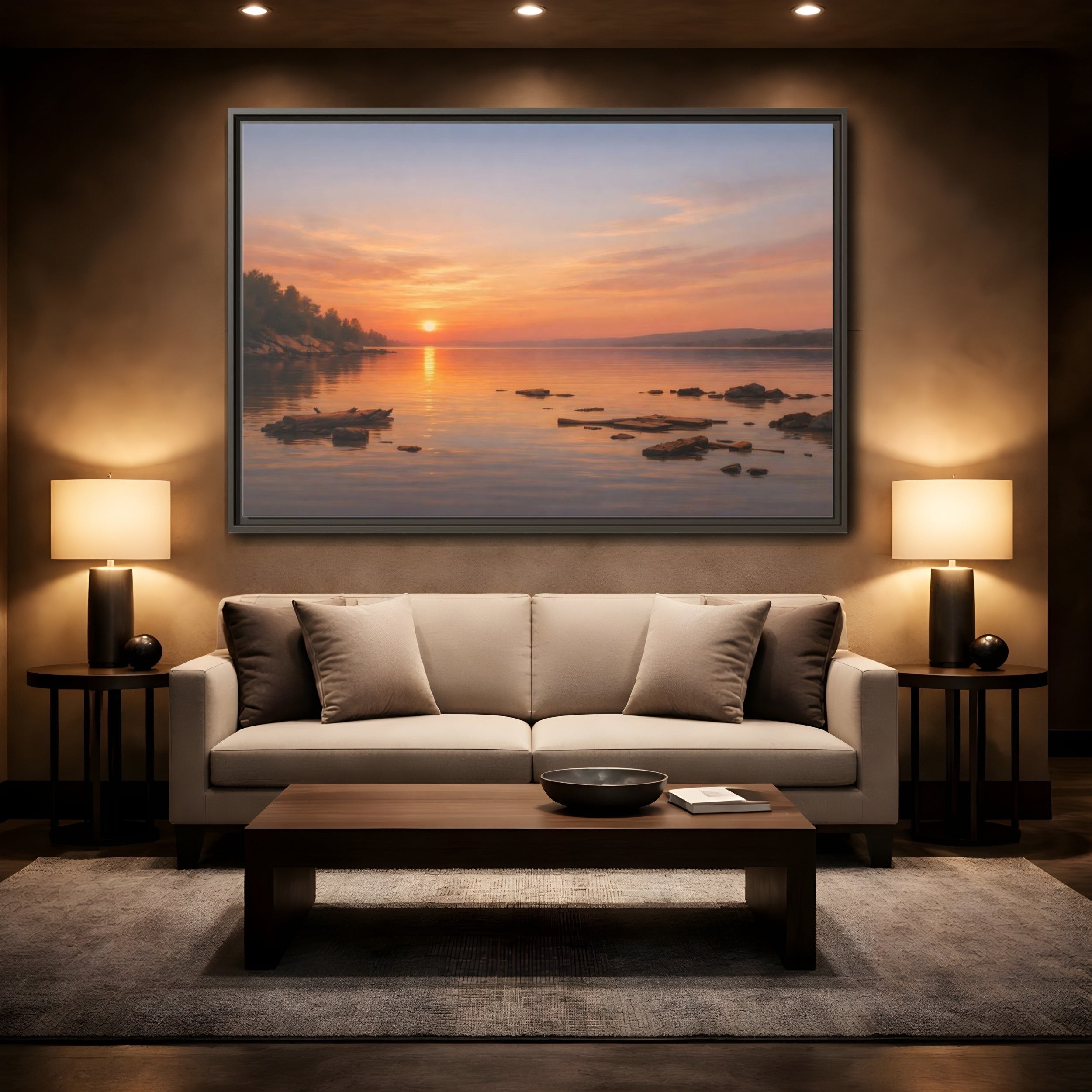 Mockup 2. Nature Lake Sunset Orange Sunset Lake shown as stretched canvas wall art