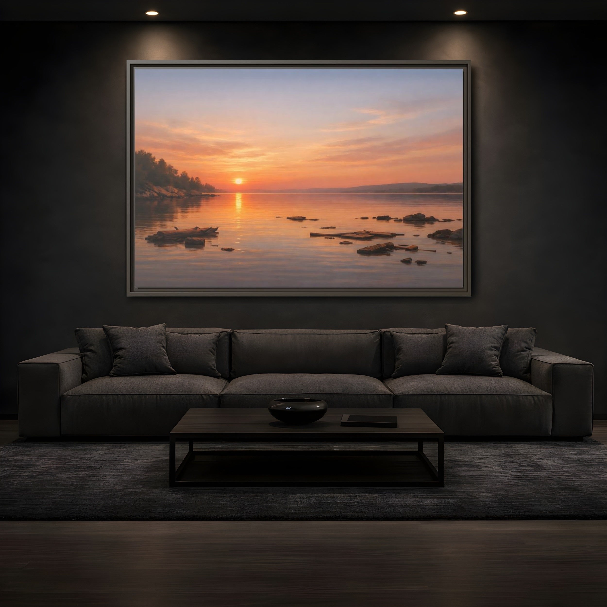 Mockup 3. Nature Lake Sunset Orange Sunset Lake shown as stretched canvas wall art