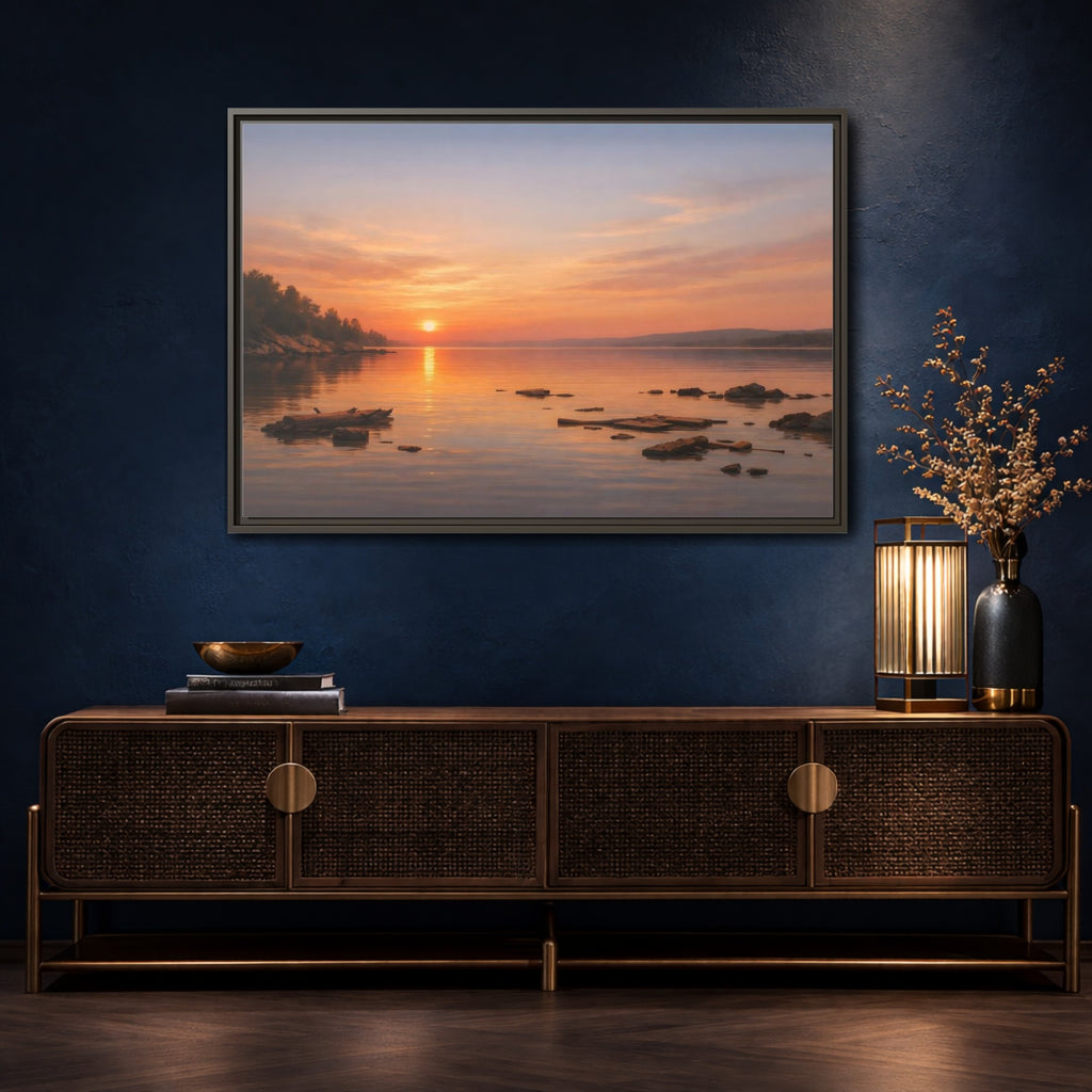 Mockup 4. Nature Lake Sunset Orange Sunset Lake shown as stretched canvas wall art