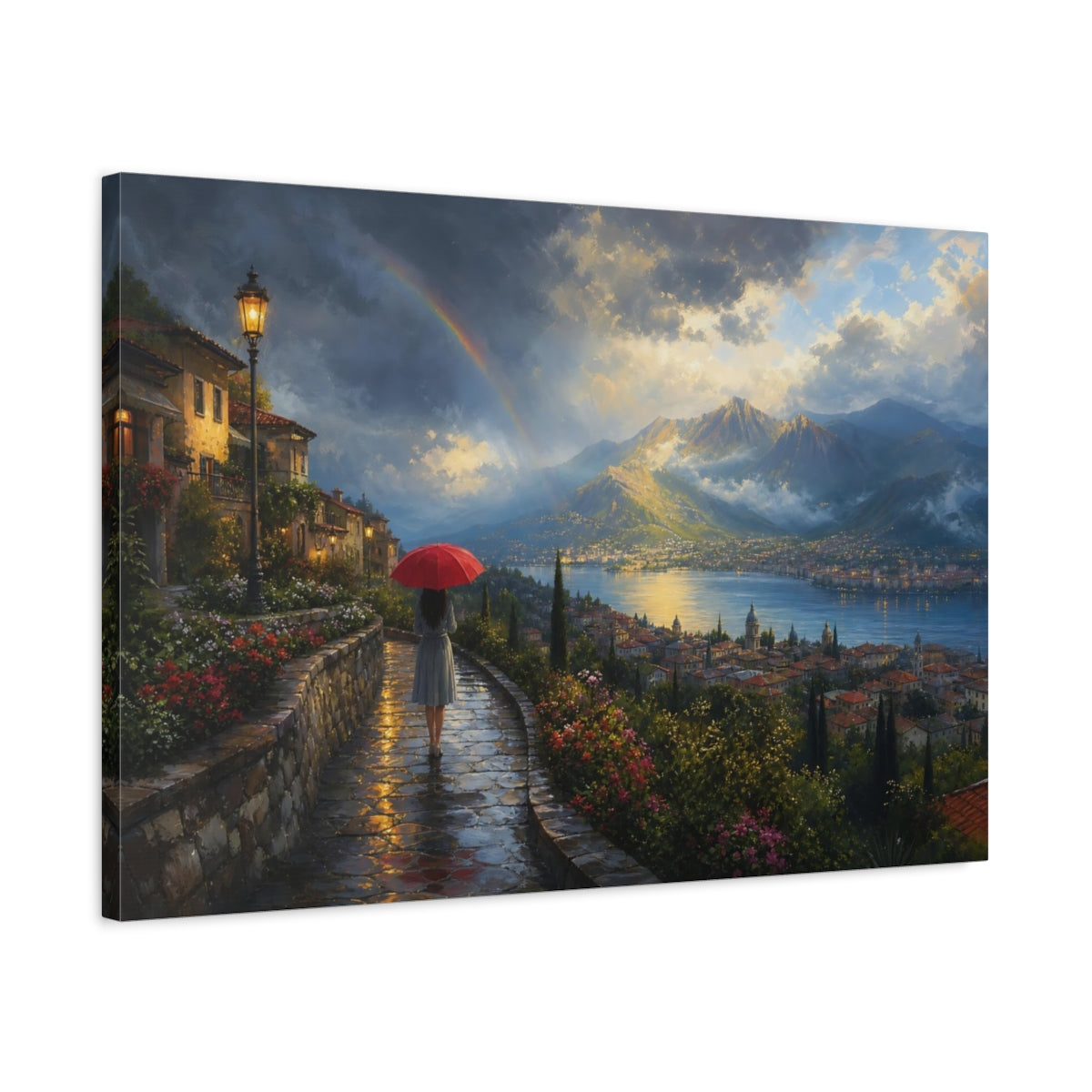 Side Mockup 2. Nature Lake Town Colorful Lake Town shown as stretched canvas wall art
