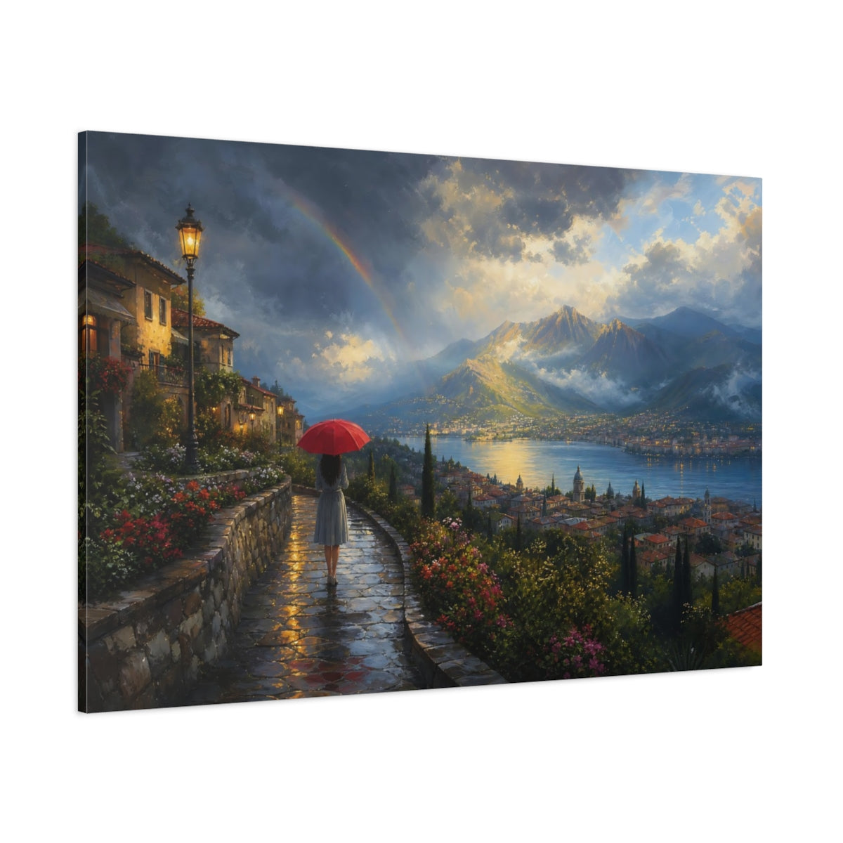 Side Mockup 1. Nature Lake Town Colorful Lake Town shown as stretched canvas wall art