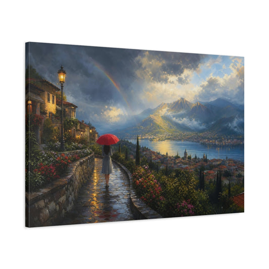Main Mockup. Nature Lake Town Colorful Lake Town shown as stretched canvas wall art