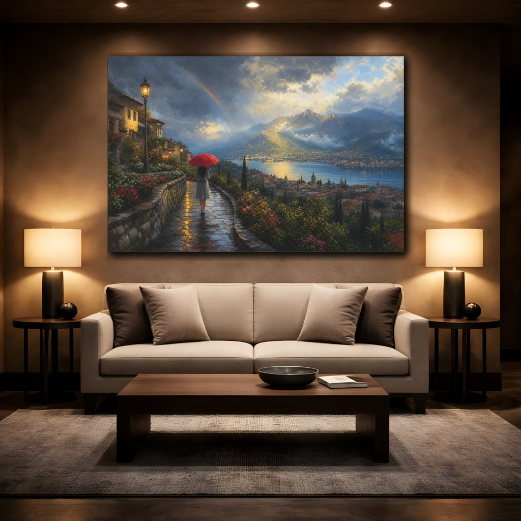 Mockup 2. Nature Lake Town Colorful Lake Town shown as stretched canvas wall art