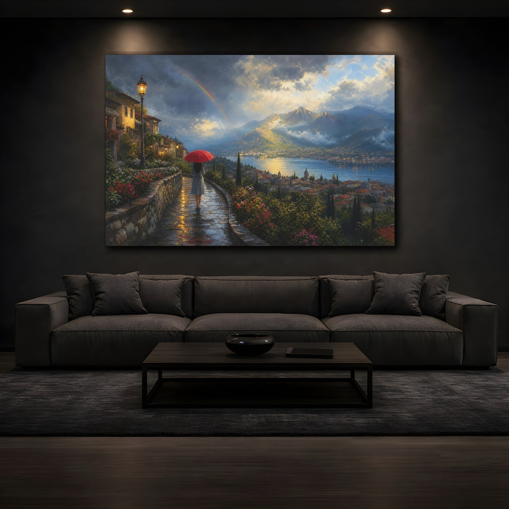 Mockup 3. Nature Lake Town Colorful Lake Town shown as stretched canvas wall art
