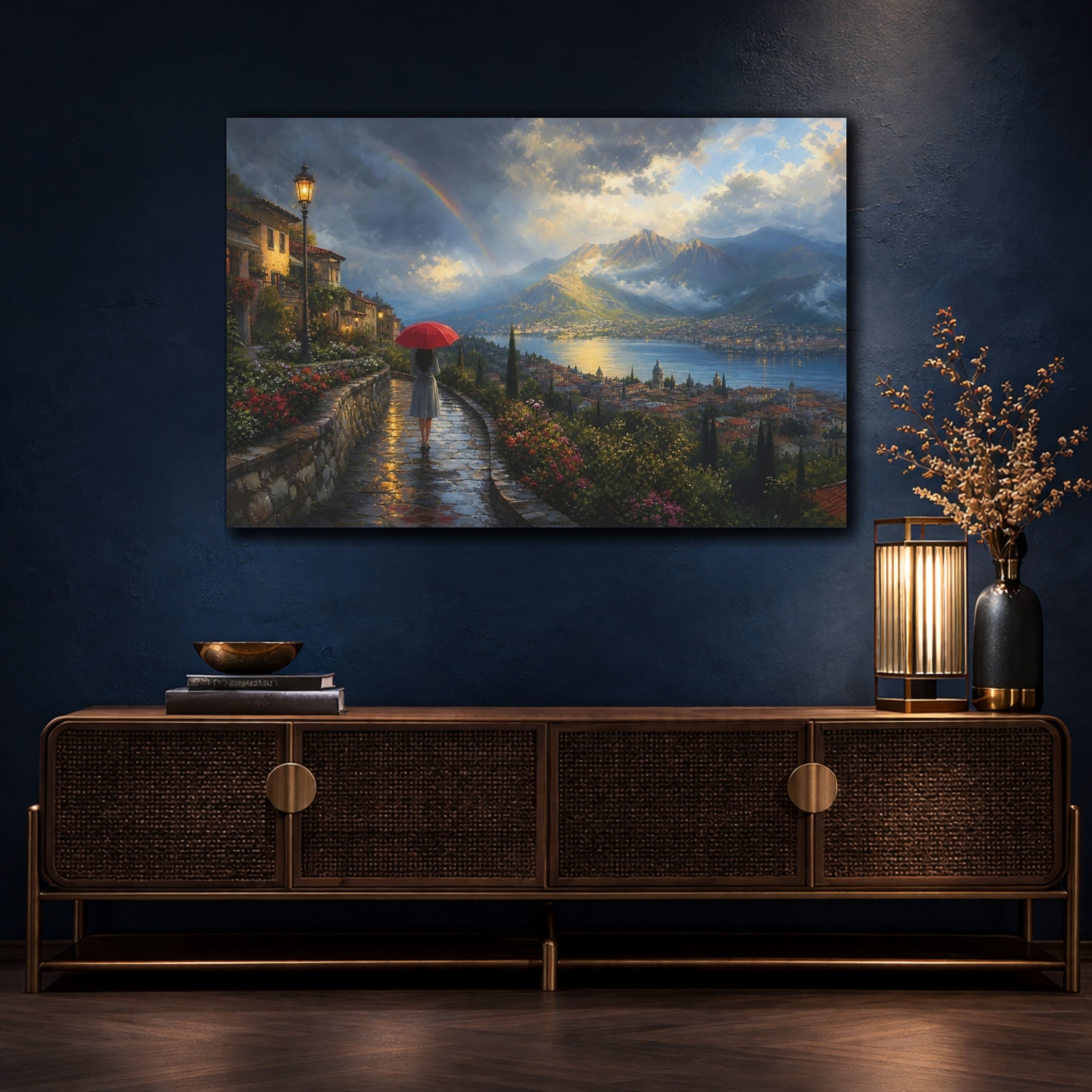 Mockup 4. Nature Lake Town Colorful Lake Town shown as stretched canvas wall art