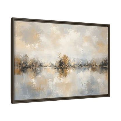 Main Mockup. Nature Lake Trees Neutral Tones shown as stretched canvas wall art