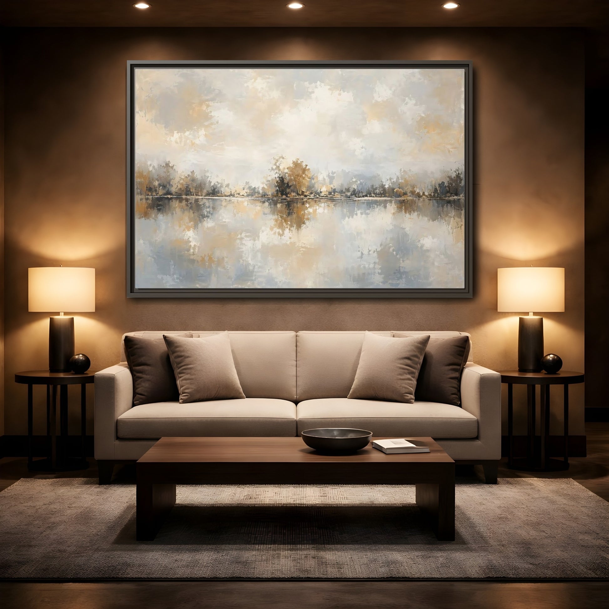 Mockup 2. Nature Lake Trees Neutral Tones shown as stretched canvas wall art