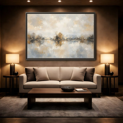 Mockup 2. Nature Lake Trees Neutral Tones shown as stretched canvas wall art