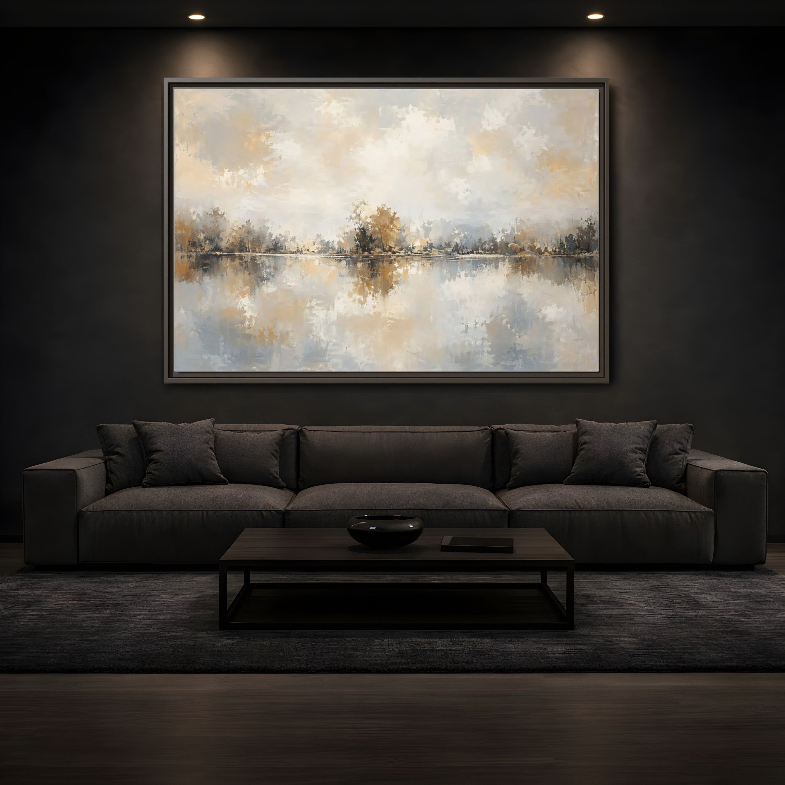 Mockup 3. Nature Lake Trees Neutral Tones shown as stretched canvas wall art