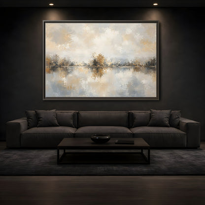 Mockup 3. Nature Lake Trees Neutral Tones shown as stretched canvas wall art