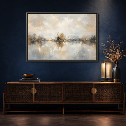 Mockup 4. Nature Lake Trees Neutral Tones shown as stretched canvas wall art