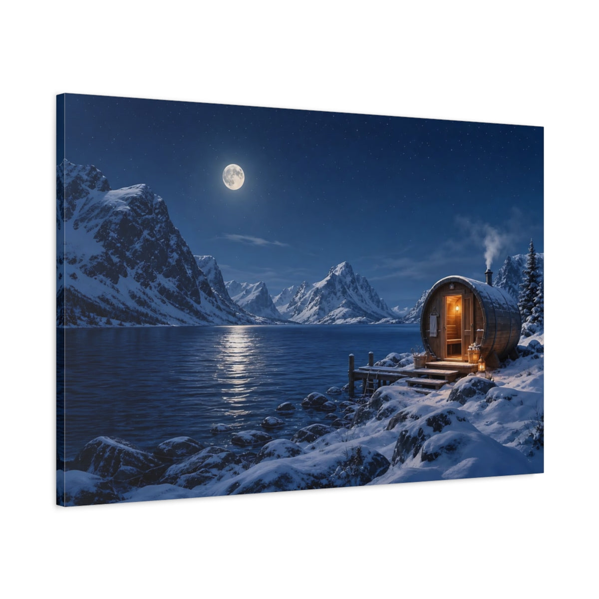 Main Mockup. Nature Lakeside Sauna Blue Winter Night shown as stretched canvas wall art