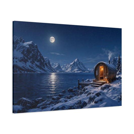 Main Mockup. Nature Lakeside Sauna Blue Winter Night shown as stretched canvas wall art