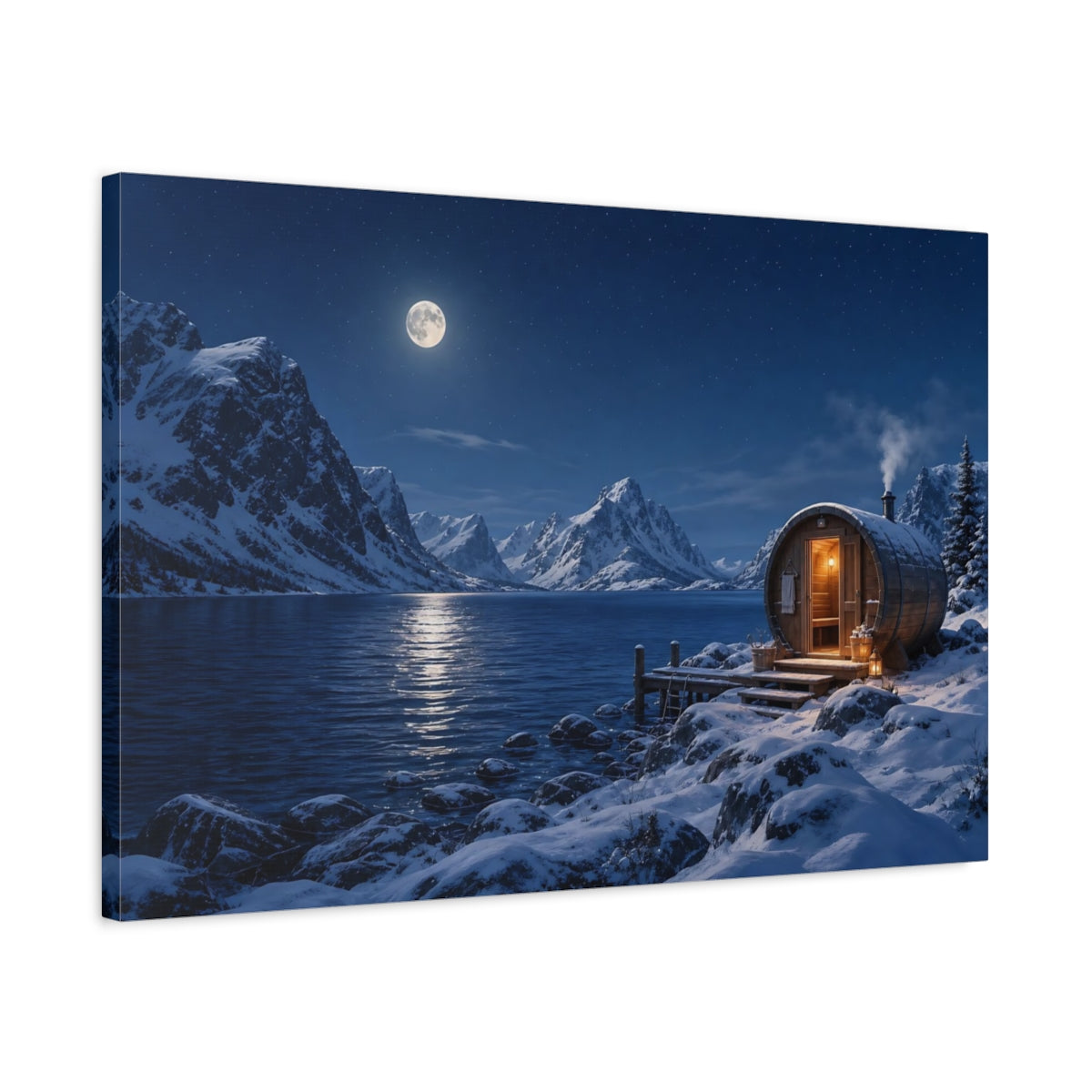 Side Mockup 2. Nature Lakeside Sauna Blue Winter Night shown as stretched canvas wall art