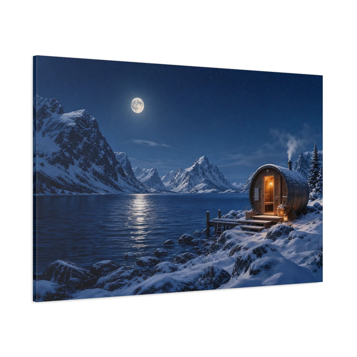 Side Mockup 1. Nature Lakeside Sauna Blue Winter Night shown as stretched canvas wall art