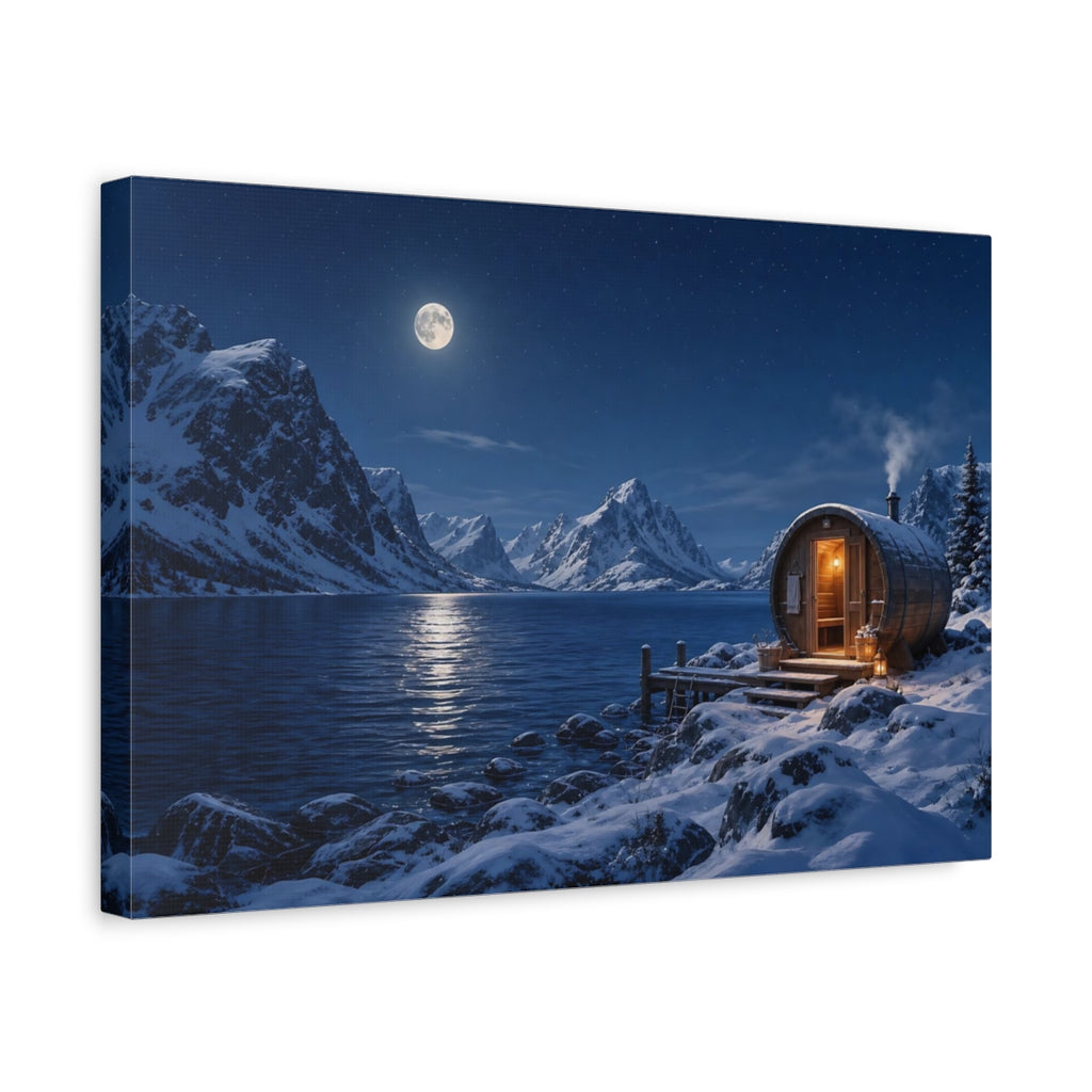 Side Mockup 4. Nature Lakeside Sauna Blue Winter Night shown as stretched canvas wall art