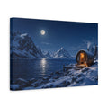 Side Mockup 4. Nature Lakeside Sauna Blue Winter Night shown as stretched canvas wall art