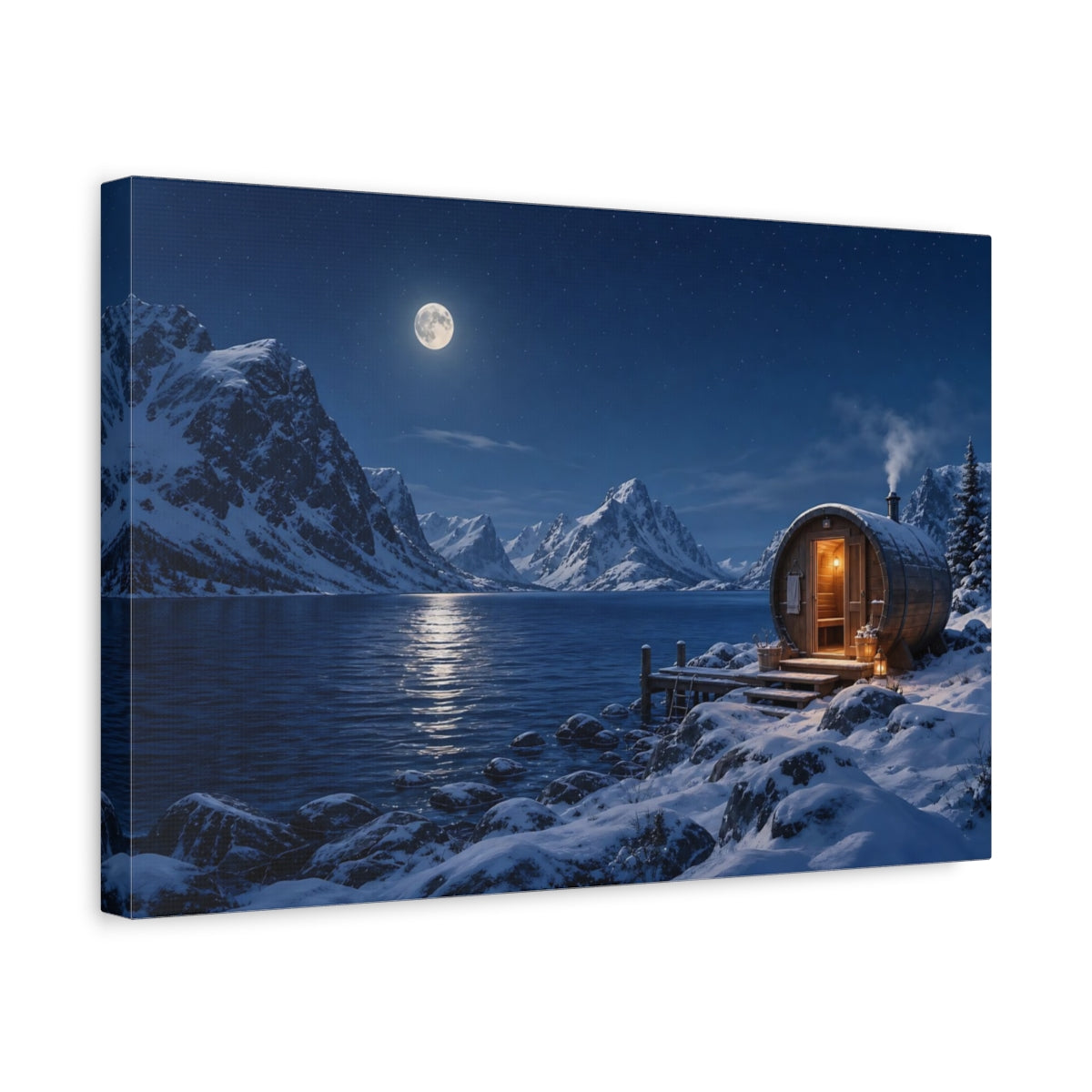 Side Mockup 4. Nature Lakeside Sauna Blue Winter Night shown as stretched canvas wall art