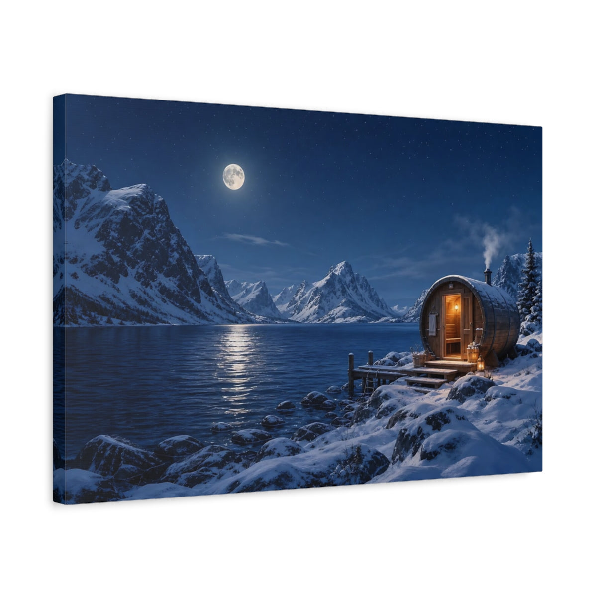 Side Mockup 3. Nature Lakeside Sauna Blue Winter Night shown as stretched canvas wall art