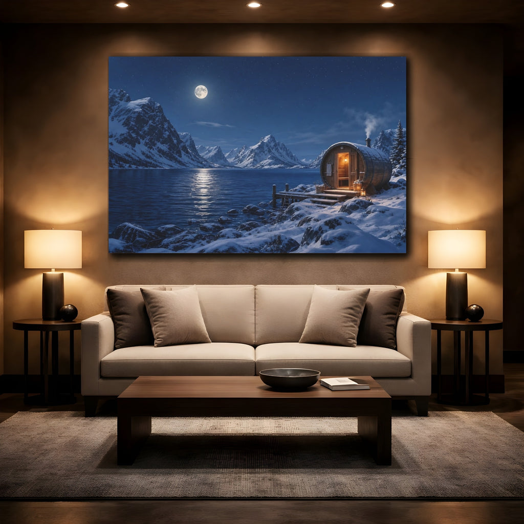 Mockup 2. Nature Lakeside Sauna Blue Winter Night shown as stretched canvas wall art